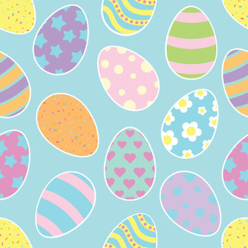 Happy Easter vector seamless pattern with decorated and painted eggs. Flat style design in creative pastel colors