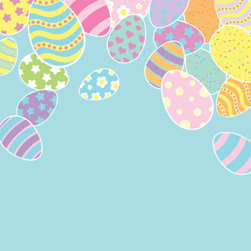 Happy Easter Vector Greeting Design Element. Bunnies, decorated and painted eggs. Flat style design in creative pastel colors