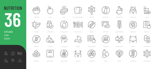 Nutrition Line Editable Icons set. Vector illustration in modern thin line style of healthy eating related icons: types of healthy and unhealthy foods, vitamins and minerals, and more. 