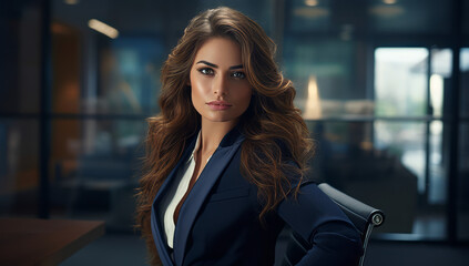 Fototapeta premium Young attractive business woman in office room dressed in a smart corporate and powerful clothing. Assertive and in-charge. leader