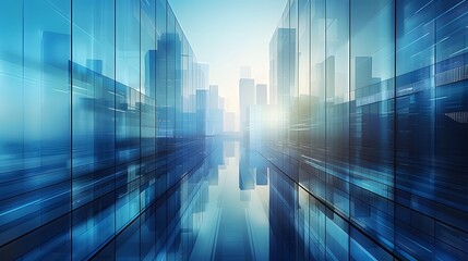 A modern cityscape with glass buildings reflecting the sky, symbolizing technology and innovation in business. The background is a gradient of blue tones representing corporate business style. For Bac - obrazy, fototapety, plakaty
