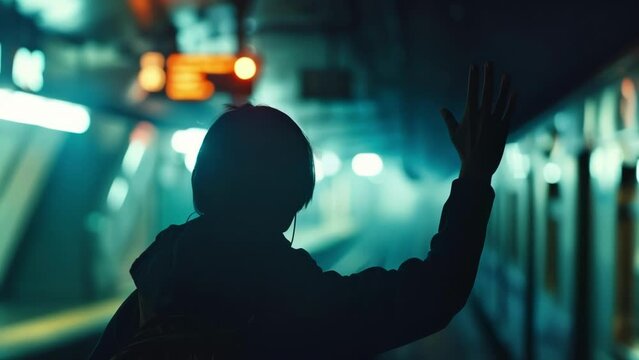 In the dimly lit tunnel of a subway station a person stands with their back to the camera waving goodbye to a loved one on a departing . .