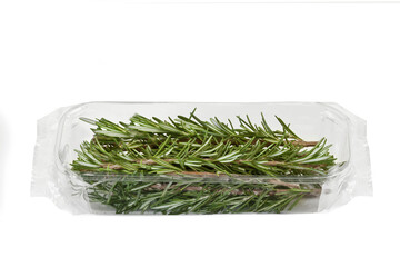 Rosemary Branches - plastic Package Wrapped in Clear Plastic - Isolated on White Background