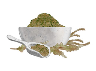 Beauty composition for spa treatments. Ceramic bowl with sea salt, spoon and seaweed bush. The concept of beauty and healthy lifestyle. Hand drawn illustration isolated on white background. © YustasArt