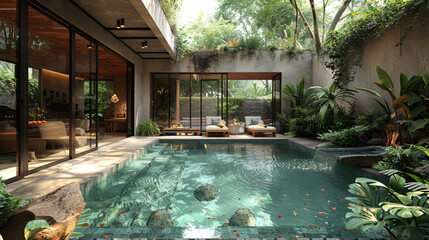 A serene garden with a view of the pool, adding to the tranquility by the water.