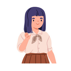 Cute happy Asian school girl waving hi with hand gesture. Smiling friendly kid greeting with joy. Child, schoolgirl character saying hello, bye. Flat vector illustration isolated on white background