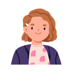 Cute little girl smiling. Happy cheerful kid, head portrait. School child, glad joyful friendly face expression. Sweet lovely schoolgirl. Flat vector illustration isolated on white background