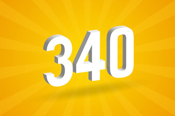 3D 340 number font alphabet. White 3D Number 340 with yellow background