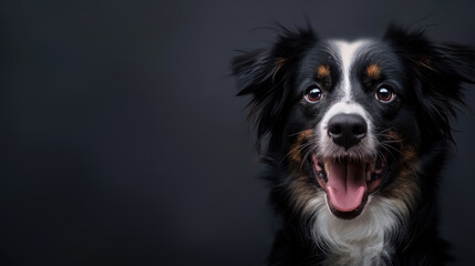 Portrait of happy dog on black background