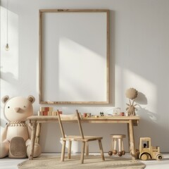  A photo of large wood picture frame on wall, white walls with one wooden desk and chair in front