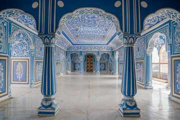 Interior paintings and columns of the Blue Palace in Jaipur, Rajasthan, India.