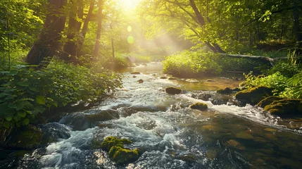 Papier Peint photo Rivière forestière A crystal-clear stream flowing through lush green mountains, sunlight filtering through the trees, creating a magical ambiance.