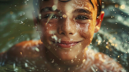 Obraz premium A close-up of a boy's face with a smile of genuine ecstasy and water droplets gleaming on his skin as he loves swimming in a clear stream.