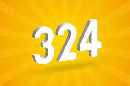 3D 324 number font alphabet. White 3D Number 324 with yellow background