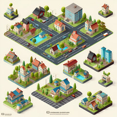 Isometric 3D city, city quarter, isometric summer city. Skyscrapers, apartments, offices, houses and streets with movement, city traffic of cars with trees and nature,Generative AI