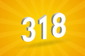 3D 318 number font alphabet. White 3D Number 318 with yellow background