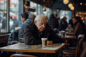 An elderly man sits at a table in a crowded café, surrounded by people, underscoring the disconnect and isolation - obrazy, fototapety, plakaty