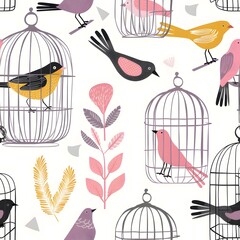 Cute cartoon birdcage pattern, light grey background