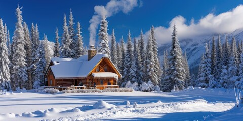A quaint wooden cabin with smoke rising from the chimney nestles in a snow-blanketed forest, creating a scene of winter tranquility. Resplendent.