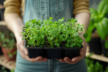 Close up view of womans hands hold a pot with plant while gardening