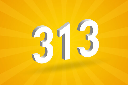 3D 313 number font alphabet. White 3D Number 313 with yellow background