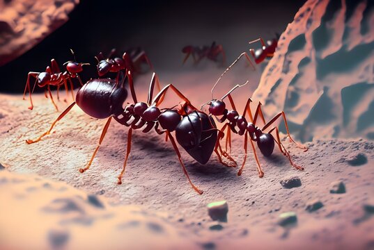 maroon aggressive ants walking through the cave