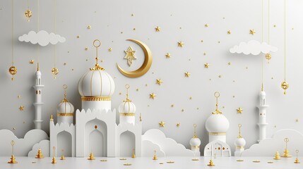 muslim festival eid mubarak banner with 3d crescent design white background - obrazy, fototapety, plakaty