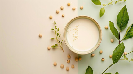 Soy milk in mug. Cup of plant-based milk, soybeans and foliage. Protein plant milk for vegan nutrition, alternative products for vegetarians.