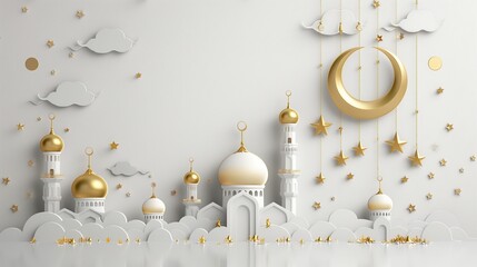 muslim festival eid mubarak banner with 3d crescent design white background - obrazy, fototapety, plakaty
