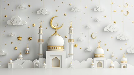 muslim festival eid mubarak banner with 3d crescent design white background