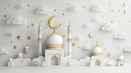 Foto op Canvas muslim festival eid mubarak banner with 3d crescent design white background © Ajit
