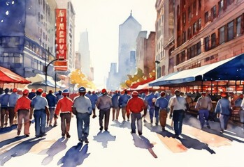 Obraz premium Labour Day watercolor, Group of workman in watercolor style