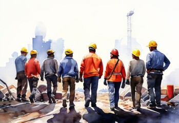  Labour Day watercolor, Group of workman in watercolor style - obrazy, fototapety, plakaty