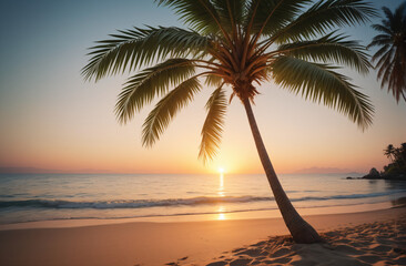 magnificent sunset on a tropical beach with palm trees
