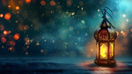 Islamic greeting Eid Mubarak cards for Muslim Holidays. Eid-Ul-Adha festival celebration. Arabic Ramadan Lantern .Decoration lamp, Blurred background, golden bokeh lights. Eid ul Fitr  ai generated  - obrazy, fototapety, plakaty