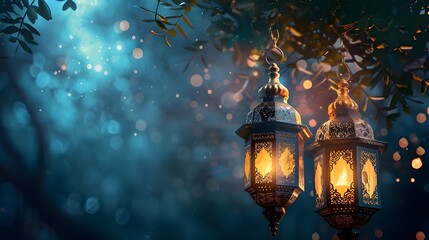 Islamic greeting Eid Mubarak cards for Muslim Holidays. Eid-Ul-Adha festival celebration. Arabic Ramadan Lantern .Decoration lamp, Blurred background, golden bokeh lights. Eid ul Fitr  ai generated  - obrazy, fototapety, plakaty