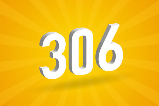 3D 306 number font alphabet. White 3D Number 306 with yellow background
