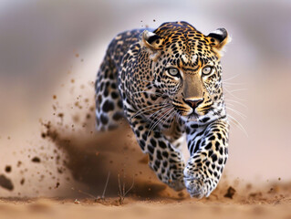 Majestic Leopard running at fast speed, hunting prey. Fierce. Agility. Powerful. - obrazy, fototapety, plakaty