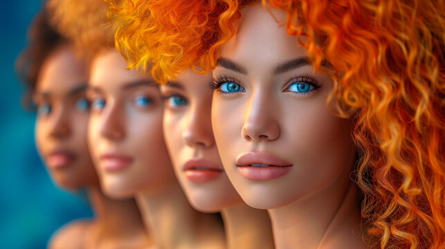 Four women with different hair colors and styles are standing in a row. The women are all smiling and looking at the camera. Concept of unity and diversity