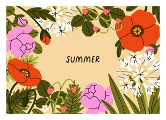 Summer floral card. Blossom garden, flower framed background. Botanical postcard design. Gentle delicate wildflowers. Natural backdrop with wild blooms, field plants. Flat vector illustration - obrazy, fototapety, plakaty