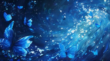 Fototapeta na wymiar minimalist starry night in a completely blue and vibrant universe with blue butterflies