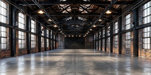 A large empty industrial room with brick walls and black steel beams, with high ceilings and windows on the sides. The floor is concrete and there's no furniture in it.