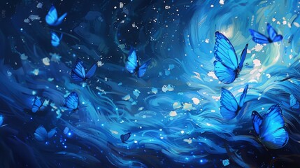 Obraz premium minimalist starry night in a completely blue and vibrant universe with blue butterflies