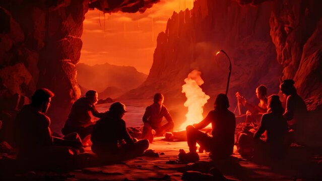 A group of individuals sitting around a fire pit, engaging in relaxed outdoor socializing and conversation, Prehistoric cave dwellers around a fire telling stories with shadows, AI Generated