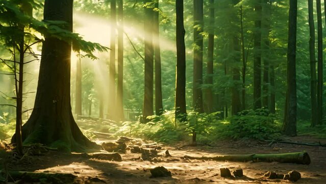 Morning in the forest. Sun rays through the tree trunks, A deep, mysterious forest with rays of sunlight filtering through the trees, AI Generated