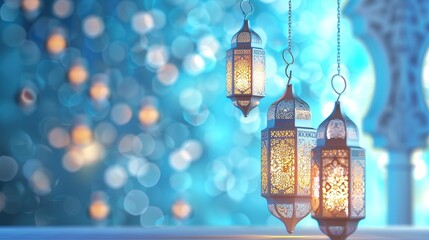 Eid Mubarak banner. Arabic lantern and misbaha on blue and white background