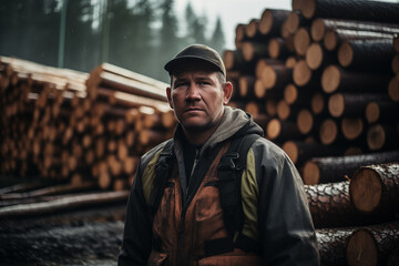 Fototapeta premium Lumberjack at Work in the Forest. Generative AI