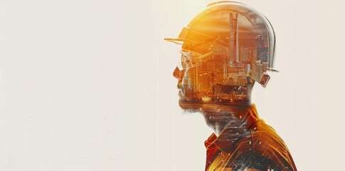 Double exposure construction worker profile portrait with helmet and cityscape on light background, side view, copy space concept for engineer work or industrial industry design