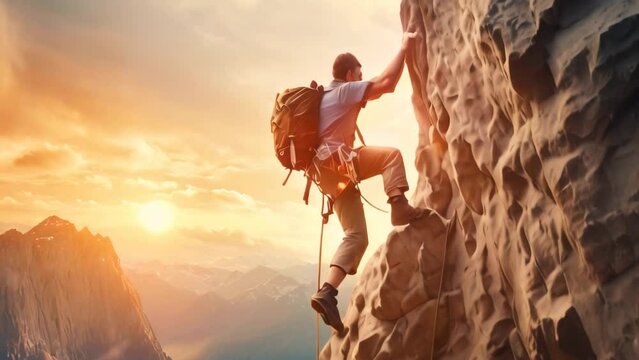 A determined man scales a mountain with awe-inspiring determination and commitment, rock climbing man rock climber climbing the challenging route on the rocky wall, AI Generated