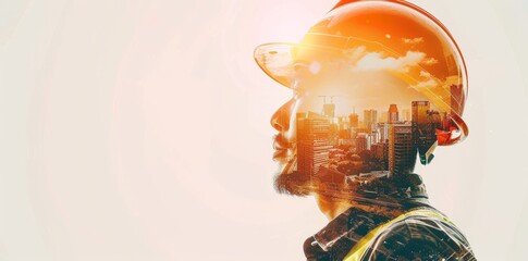 profile side view of an engineer with helmet and city on his head double exposure, banner for web design or construction company with copy space area